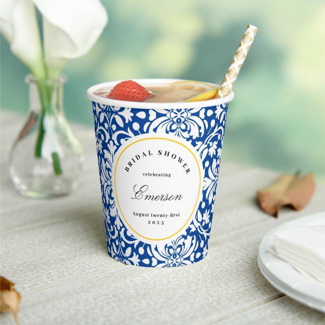 Blue White Yellow Chic Feminine Damask Pattern  Paper Cups (Insitu)