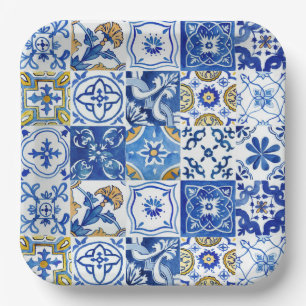 Blue, White & Yellow Floral Mediterranean Pattern Paper Plate