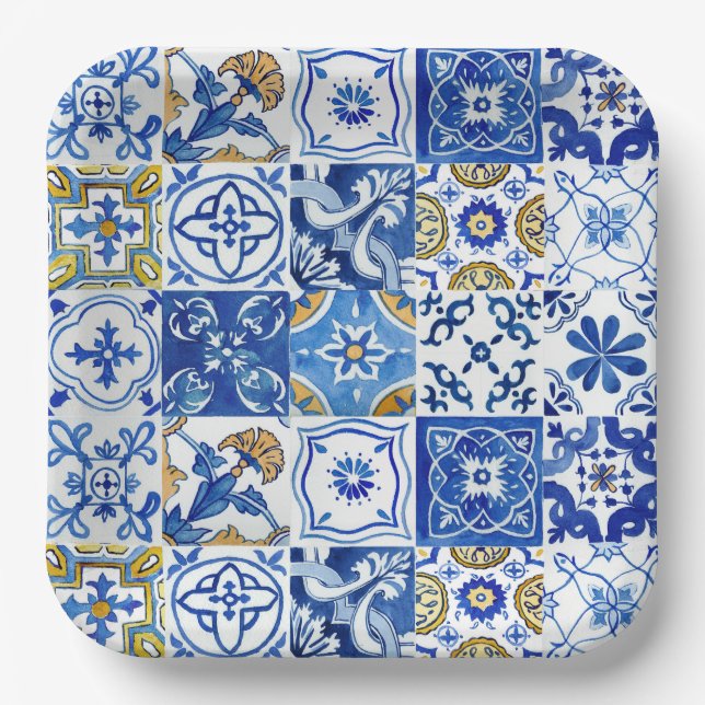 Blue, White & Yellow Floral Mediterranean Pattern Paper Plate (Front)