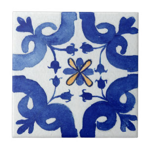 Blue White Yellow Floral Mediterranean Watercolor Tile