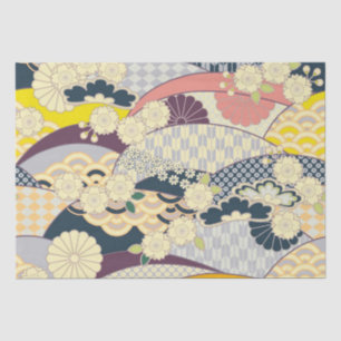 Blue White Yellow Japanese Kimono Floral Decoupage Tissue Paper