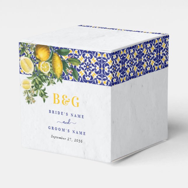 Blue White Yellow Mediterranean Tile Lemon Wedding Favour Box (Front Side)