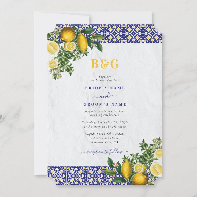 Blue White Yellow Mediterranean Tile Lemon Wedding Invitation (Front)