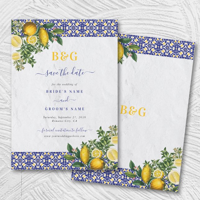 Blue White Yellow Mediterranean Tile Lemon Wedding Save The Date (Blue White Yellow Mediterranean Tile Lemon Wedding Save The Date)