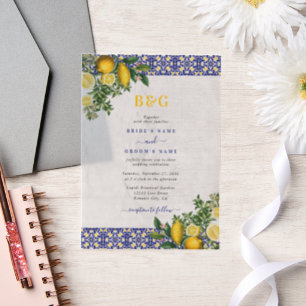 Blue White Yellow Mediterranean Tile Lemon Wedding Vellum Invitations