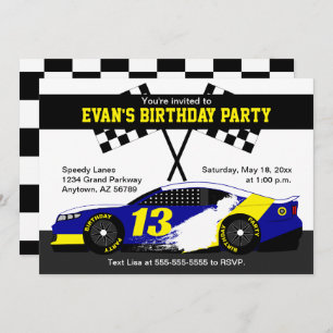 Blue White Yellow Race Car Birthday Party Card