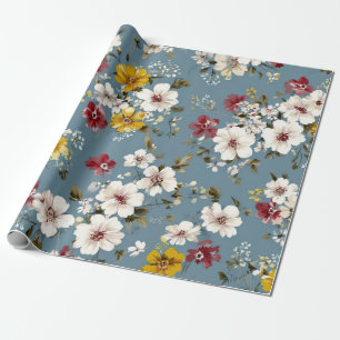 Blue White Yellow Red Ditsy Flower Pastel Boho 70s Wrapping Paper