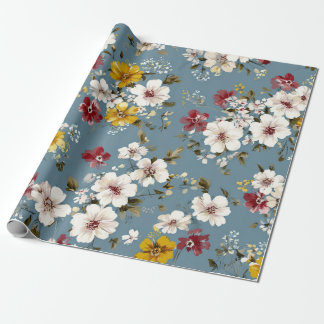 Blue White Yellow Red Ditsy Flower Pastel Boho 70s Wrapping Paper