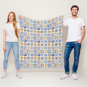 Blue White Yellow Tiles Pattern Summer Aesthetic Fleece Blanket