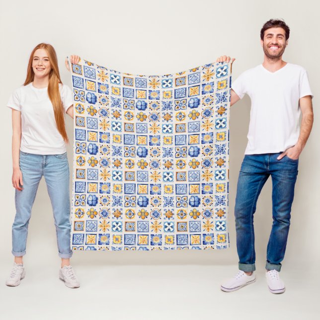 Blue White Yellow Tiles Pattern Summer Aesthetic  Fleece Blanket (In Situ)