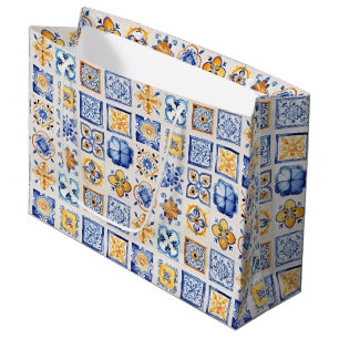 Blue White Yellow Tiles Pattern Summer Aesthetic Large Gift Bag