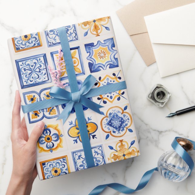 Blue White Yellow Tiles Pattern Summer Aesthetic  Wrapping Paper (Gifting)