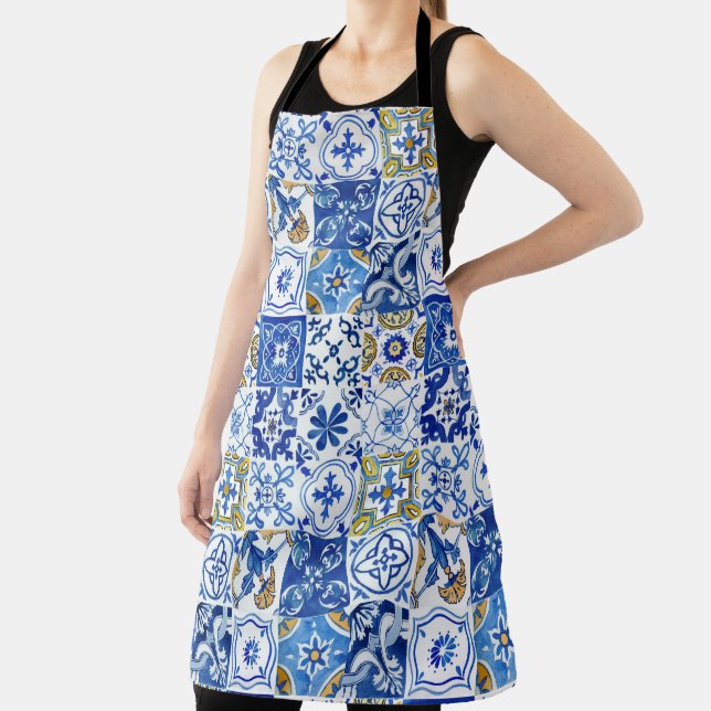 Blue, White & Yellow Watercolor Mediterranean  Apron (Insitu)