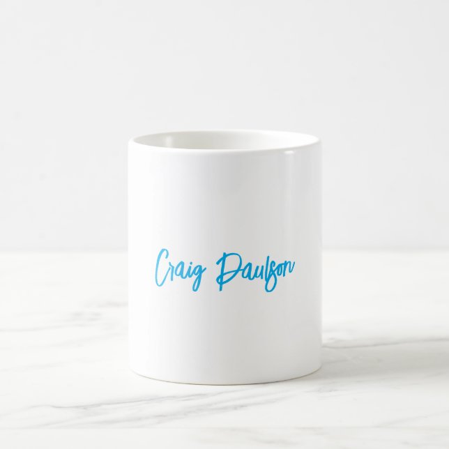 Blue White Your Name Calligraphy Unique Minimalist Coffee Mug (Center)