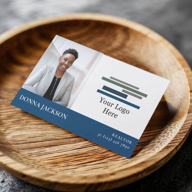 Blue White Your Photo & Logo Professional Business Card (Creator Uploaded)