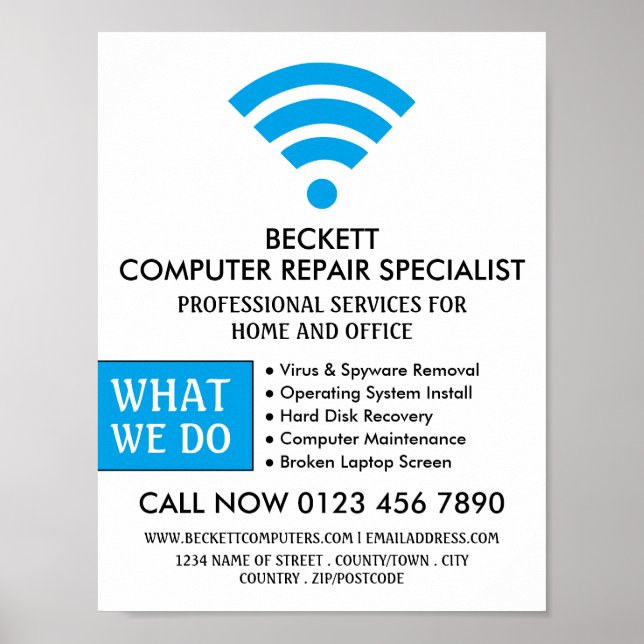 Blue Wi-Fi Logo, Computer Repair Specialist Advert Poster (Front)