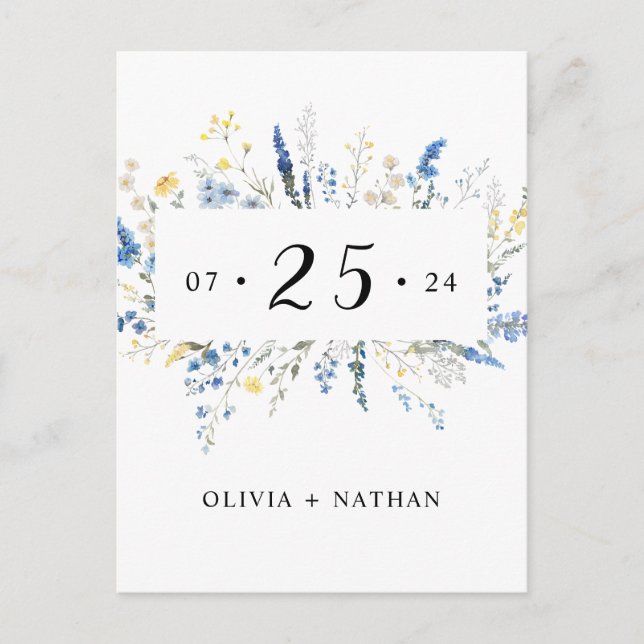 Blue Wild Floral Dainty Flowers Boho Save The Date Invitation Postcard (Front)