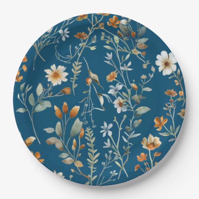 Blue wild flower style paper plates (Front)