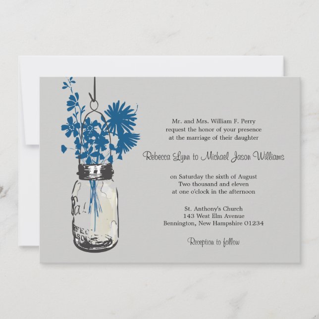 Blue Wild flowers & Mason Jar Wedding Invitations (Front)