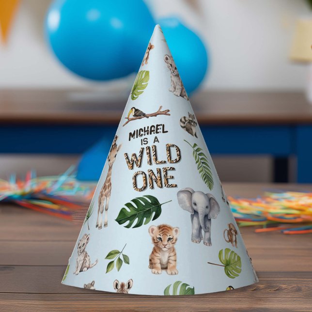 Blue Wild One, Safari Themed Baby Boy 1st  Party Hat (Blue Wild One, Safari Themed Boy 1st birthday party hat.)
