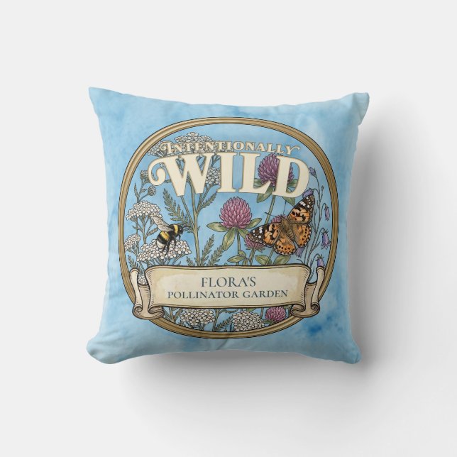 Blue Wild Pollinator Garden Throw Pillow Cushion (Front)