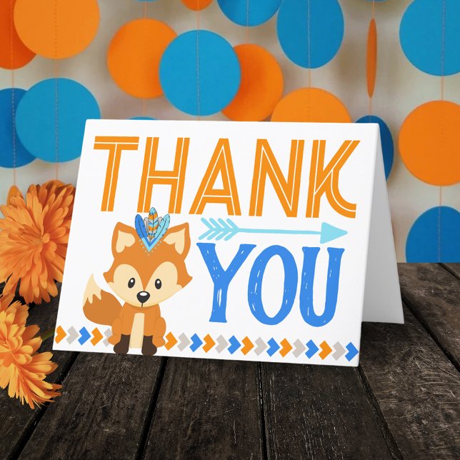 Blue Wild Tribal Fox Party Thank You Card (Tribal Woodland Forest Fox Folding Thank You Cards)