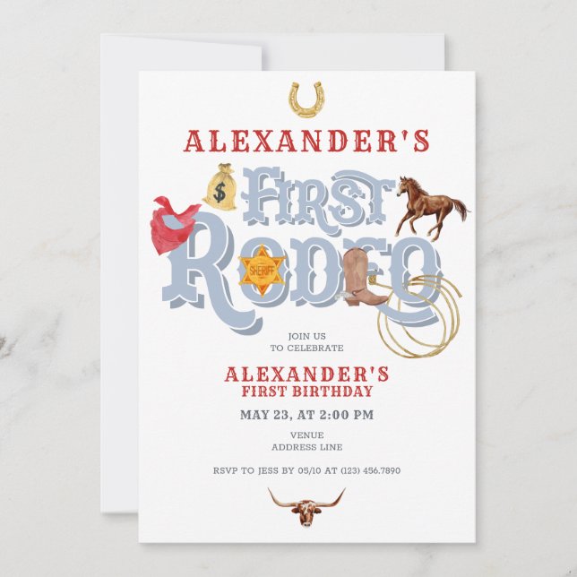 Blue Wild West First Rodeo Baby Boy 1st Birthday Invitation (Front)
