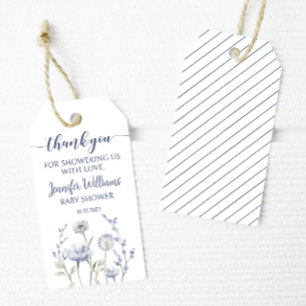 Blue wildflower baby boy shower thank you tag