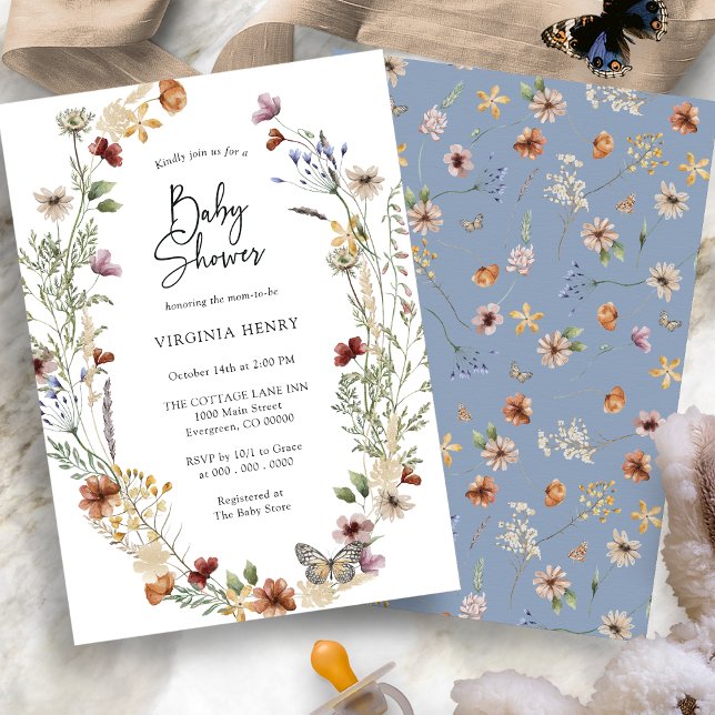Blue Wildflower Baby Shower Invitation (Dusty Blue Wildflower Boho Baby Shower Invitation by Painted Paperie
)