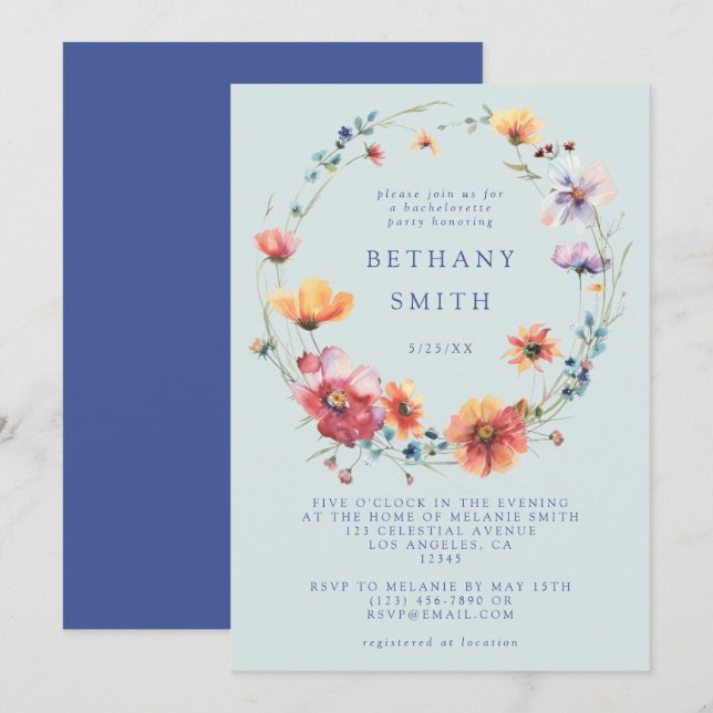 Blue Wildflower Bachelorette Party Invitation (Front/Back)