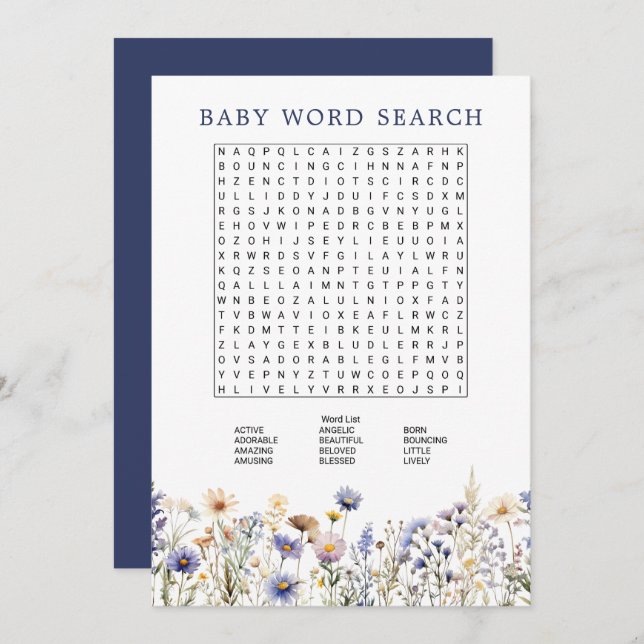 Blue Wildflower Boho Baby Shower Word Search Game Invitation (Front/Back)