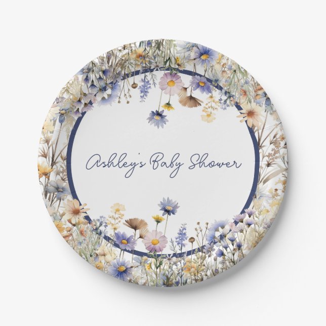 Blue Wildflower Boho Personalised Baby Shower Paper Plate (Front)