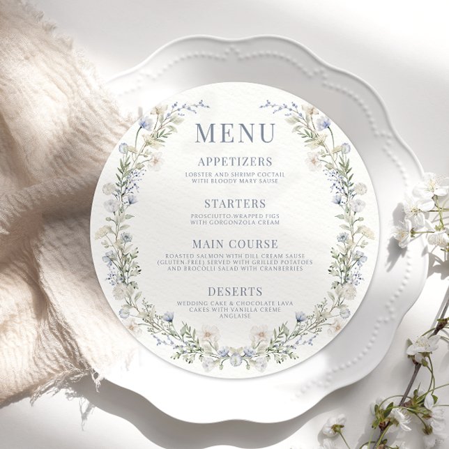 Blue wildflower boho round wedding Menu Card Plate (Creator Uploaded)