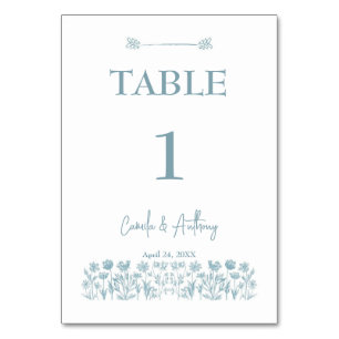 Blue Wildflower Boho Wedding Table Number