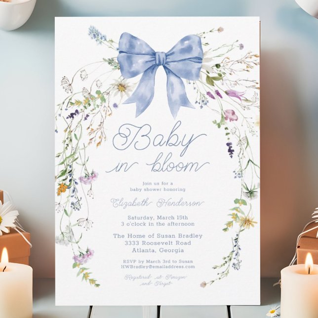 Blue Wildflower Bow Baby In Bloom Baby Shower Invitation (Creator Uploaded)