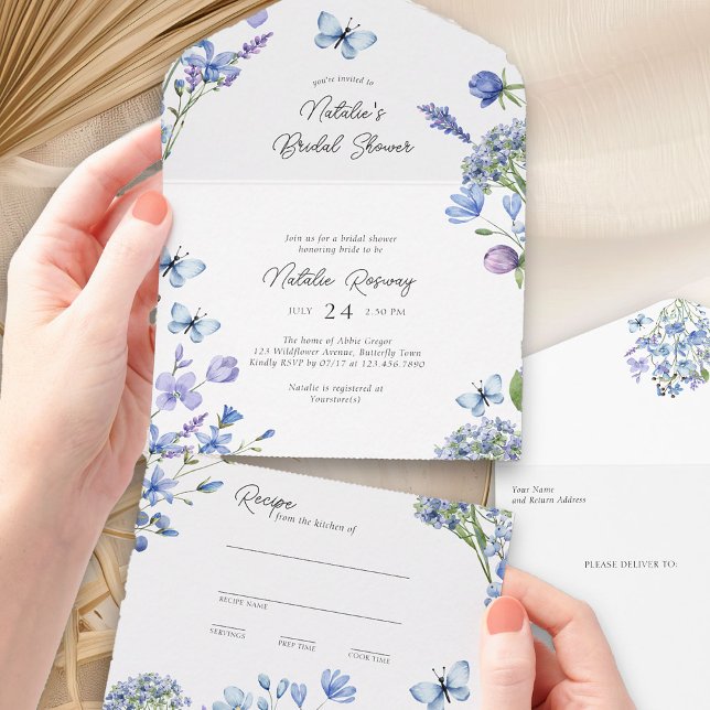 Blue Wildflower Bridal Shower and Tear Away Recipe All In One Invitation (Trifold Bridal Shower Invitation with Recipe Card from my Blue Wildflower Bridal Shower Collection)
