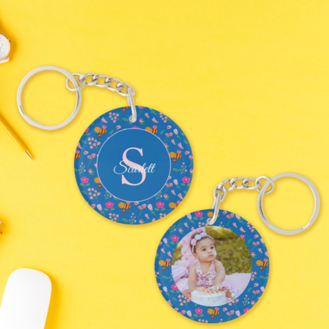 Blue Wildflower & Bumble Bee Watercolor Monogram Key Ring (Creator Uploaded)