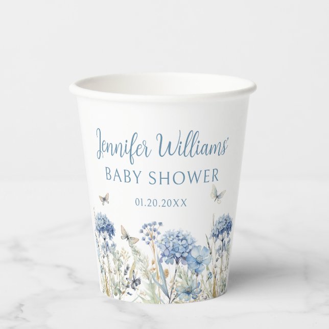 Blue wildflower butterfly baby shower paper cups (Front)