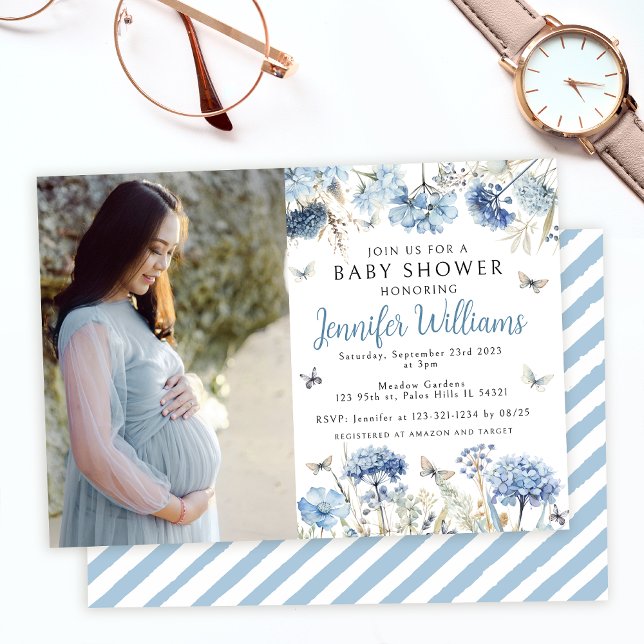 Blue wildflower butterfy baby boy shower photo invitation (Creator Uploaded)