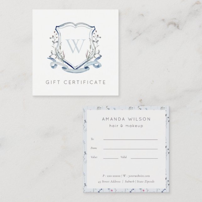 Blue Wildflower Crest Monogram Gift Certificate (Front/Back)