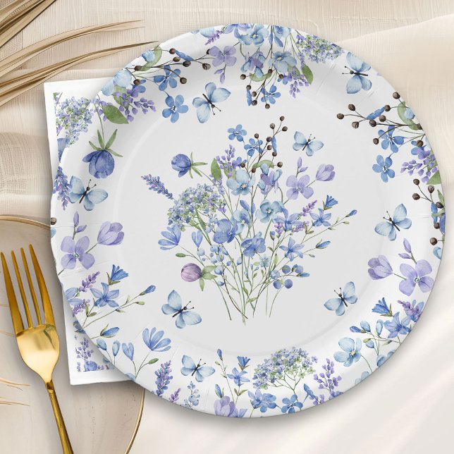 Blue Wildflower Delicate Watercolor Floral Pattern Paper Plate (Floral paper plates from my Blue Wildflower Bridal Shower Collection)
