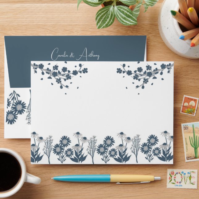 Blue Wildflower Floral Boho Wedding Envelope (Desk)
