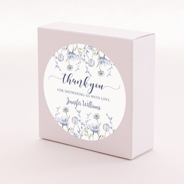 Blue wildflower floral boy baby shower thank you  classic round sticker (Creator Uploaded)