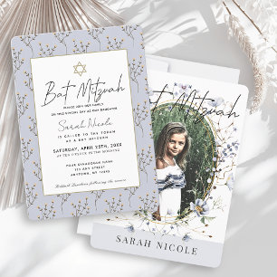 Blue Wildflower Floral Photo Bat Mitzvah Invitation