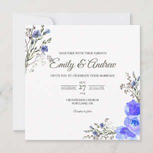 Blue Wildflower Floral Watercolor Square Wedding Invitation