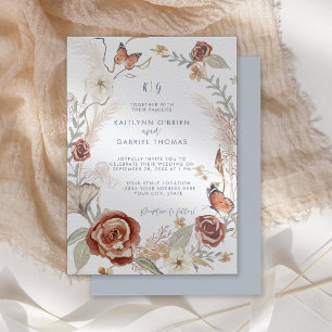 Blue Wildflower Floral Wreath Butterfly Greenery Invitation