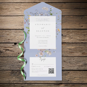 Blue Wildflower Garden Elegant Wedding QR All In One Invitation