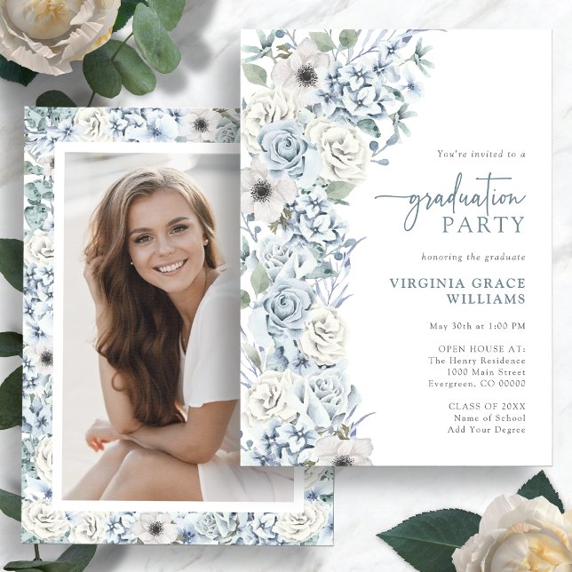 Blue Wildflower Graduation Invitation (Blue Watercolor Wildflower Photo Graduation Party Invitation by Painted Paperie
)