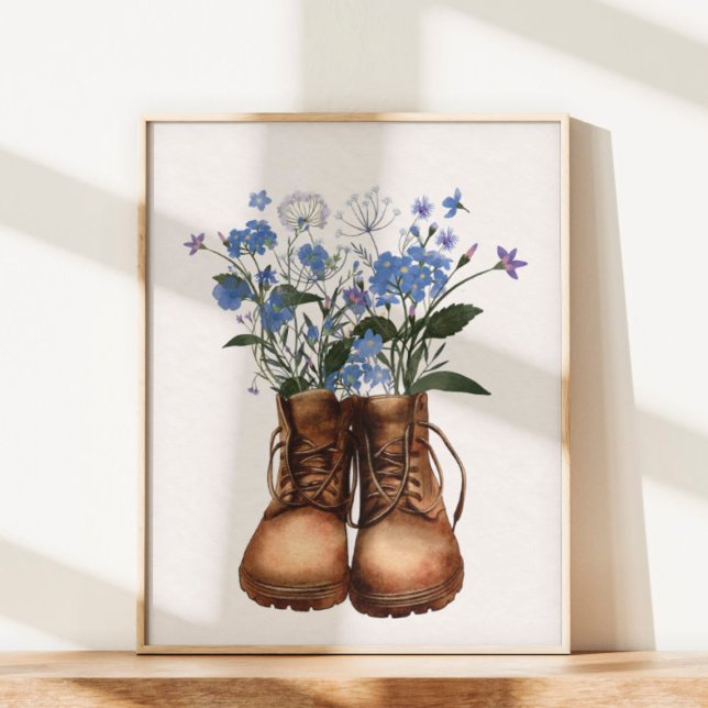 Blue Wildflower Hiking Boots Outdoor  Poster (Close Up)