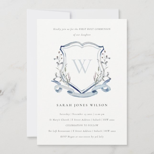 Blue Wildflower Initial Crest First Holy Communion Invitation (Front)